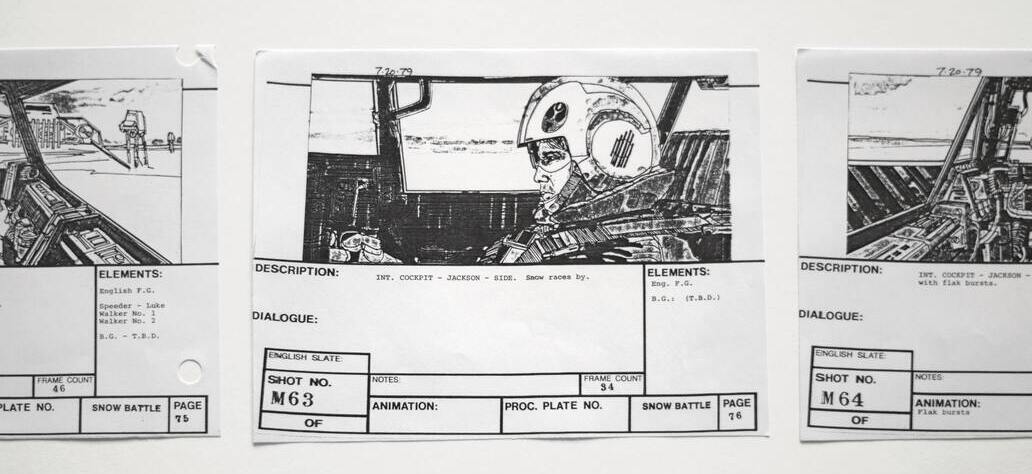 Foto de storyboards antigos do primeiro filme Star Wars.